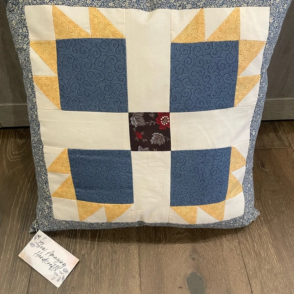 Patchwork bear paw quilt pattern Throw Pillow with Blue and Yellow Accents